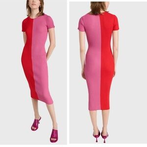 STAUD Colleen Two-Tone Rib-Knit Short Sleeve Midi Dress Pink Orange Red Sz XS